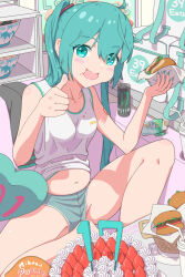  39 ahoge aqua_eyes aqua_hair belly blush_stickers burger cake can commentary_request crumbs eating energy_drink feet_out_of_frame female food hair_ornament hatsune_miku highres holding holding_food indoors long_hair long_sleeves midriff monster_energy on_floor open_mouth sitting smile solo tank_top thumbs_up twintails very_long_hair vocaloid white_tank_top yukichi_(yu-ame) 