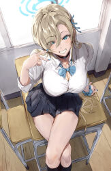  asuna_(blue_archive) black_skirt blonde_hair blue_archive blue_bow blue_bowtie blue_eyes bow bowtie breasts button_gap classroom cleavage crossed_legs desk female from_above grin halo highres large_breasts looking_at_viewer looking_up nasubin_(nasubisamurai15) on_desk school_desk school_uniform scrunchie shirt sitting skirt smile solo taut_clothes taut_shirt v white_shirt wrist_scrunchie 