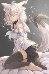  absurdres ahoge animal_ear_fluff animal_ears bed_sheet black_shorts black_thighhighs blue_neckerchief braid commentary_request detached_sleeves female fox_ears fox_girl fox_tail green_eyes hair_between_eyes highres hololive hood hoodie long_hair looking_at_viewer neckerchief one_eye_closed shirakami_fubuki shirakami_fubuki_(1st_costume) short_shorts shorts sidelocks single_braid single_thighhigh smile solo tail thighhighs user_eyvv4248 virtual_youtuber white_hair white_hoodie 