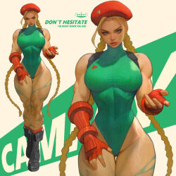  armored_gloves beckoning beret biceps black_footwear blonde_hair bodypaint boots braid breasts cammy_white combat_boots commentary covered_navel english_commentary english_text female fingerless_gloves full_body gloves green_leotard hat ickpot large_breasts leotard linea_alba long_hair looking_at_viewer low_twin_braids makeup muscular muscular_female narrow_waist red_gloves red_hat red_socks scar scar_on_cheek scar_on_face socks solo street_fighter street_fighter_ii_(series) thick_lips thick_thighs thighs thong_leotard twin_braids wide_hips zoom_layer 