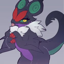  anthro digital_media_(artwork) female fur generation_6_pokemon iceeon lidded_eyes looking_at_viewer nintendo noivern pokemon pokemon_(species) simple_background solo tail tongue tongue_out yellow_eyes 