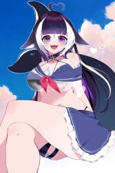  ahoge animal_collar bare_shoulders bikini black_bikini black_collar black_hair blue_sailor_collar blue_skirt breasts cetacean_tail cleavage cloud collar crop_top crossed_legs facial_mark fangs female fins fish_tail frilled_skirt frills heart heart_ahoge highres himary_art indie_virtual_youtuber long_hair multicolored_hair pink_ribbon purple_eyes ribbon sailor_collar see-through see-through_shirt shirt shylily shylily_(1st_costume) skirt sky solo streaked_hair swimsuit tail two-tone_hair virtual_youtuber white_hair 