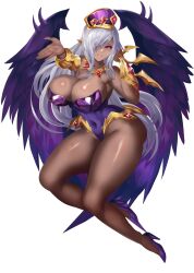  absurdres breasts character_request covered_navel dark_elf elf feathered_wings female full_body gem gold_collar gold_vambraces grey_hair hair_over_one_eye hat high_heels highres kono_dio_da_(artist) large_breasts leotard long_hair panilla_the_revival pink_eyes pointy_ears purple_footwear purple_leotard purple_wings red_gemstone shiny_skin solo strapless strapless_leotard wings 