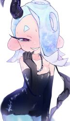  bare_shoulders black_dress black_gloves blue_hair blue_pantyhose blush cephalopod_eyes commentary dress elbow_gloves eyelashes female gloves hair_over_one_eye highres jakujaku444 jewelry looking_at_viewer medium_hair necklace octoling official_alternate_costume pantyhose red_eyes shiver_(splatoon) short_eyebrows simple_background smile solo splatoon_(series) splatoon_3 strapless strapless_dress sweat teeth tentacle_hair tentacle_hair_ornament thick_eyebrows white_background 