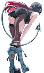  animal_ears ass bent_over black_hair black_shorts brown_pantyhose brown_thighhighs female fingernails from_behind full_body grey_footwear highres jane_doe_(zenless_zone_zero) long_hair mouse_ears mouse_girl mouse_tail multicolored_hair nail_polish official_alternate_costume pantyhose red_hair red_nails shoes shorts simple_background single_leg_pantyhose single_thighhigh sleeveless solo standing tail tail_around_own_leg thighhighs torn_clothes torn_pantyhose torn_thighhighs two-tone_hair uenoryoma white_background zenless_zone_zero 