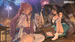  3girls animal_ears animal_print blue_eyes bowl breast_tattoo breasts brown_dust_2 brown_hair cleavage coffee_table copyright_name cup dalvi_(brown_dust) dress feet_out_of_frame fireworks flower flower_tattoo fox_ears fox_girl hair_flower hair_ornament hat highres holding holding_cup holding_fireworks huge_breasts jingasa juliet_sleeves kitsune kyuubi large_breasts long_hair long_sleeves multiple_girls multiple_tails night night_sky official_art official_wallpaper open_mouth pink_hair ponytail puffy_sleeves red_eyes second-party_source seiza sitting sky smile socks sylvia_(brown_dust) table tail tattoo teacup teeth thighhighs tiger_ears tiger_girl tiger_print tiger_tail very_long_hair white_dress white_hair white_socks white_thighhighs yuri_(brown_dust) 