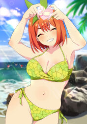  4-finger_heart_hands :d ^_^ bare_arms bikini blurry blurry_background blush breasts cleavage closed_eyes clover_print commentary cowboy_shot curvy day eyebrows_hidden_by_hair facing_viewer female go-toubun_no_hanayome green_bikini green_ribbons grin hair_between_eyes hair_ribbon halterneck happy heart heart_hands heart_in_heart_hands highres large_breasts medium_hair nakano_yotsuba navel ocean orange_hair outdoors print_bikini ribbon rock side-tie_bikini_bottom smile solo sparkle straight_hair sunlight swimsuit v-shaped_eyebrows yayoi_(dygk8777) 