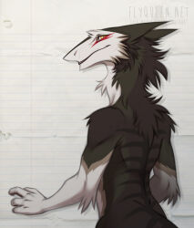  anthro black_body black_fur brown_body brown_fur fur looking_at_viewer looking_back looking_back_at_viewer male multicolored_body multicolored_fur nude orange_eyes paper rear_view rotarr sergal solo tail thorphax white_body white_fur 