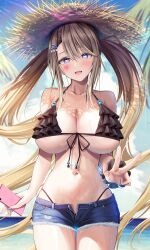  alternate_costume azur_lane blonde_hair blue_sky breasts cellphone cowboy_shot day denim denim_shorts facial_mark female frilled_bikini_top guam_(azur_lane) hat heart heart-shaped_pupils heart_facial_mark highres holding holding_phone large_breasts long_hair looking_at_viewer mutsumi_nemuru navel ocean outdoors panty_straps phone scrunchie short_shorts shorts sky smartphone solo straw_hat summer symbol-shaped_pupils twintails v very_long_hair water wrist_scrunchie 