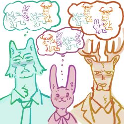  anthro antlers beastars burrrnt canid canine canis deer female group haru_(beastars) hi_res horn humor lagomorph legoshi_(beastars) leporid louis_(beastars) male mammal meme rabbit smug thought_bubble trio wolf 