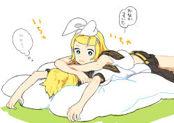  1boy black_shorts blonde_hair blue_eyes bright_pupils female hair_ornament hairband hairclip kagamine_len kagamine_rin lying_on_another midriff mitosa parted_lips pillow shirt short_hair shorts speech_bubble thought_bubble vocaloid white_hairband white_pupils white_shirt 