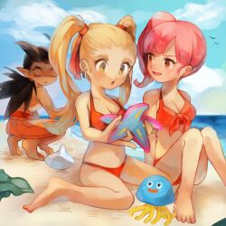  1other 2boys 2girls ? ?? antenna_hair beach belt bikini blonde_hair blue_sky blunt_bangs breasts brown_eyes brown_hair cleavage commentary_request dark-skinned_male dark_skin dragon_quest dragon_quest_builders_2 earrings female_builder_(dqb2) green_eyes hair_pulled_back hair_ribbon healslime hoop_earrings hotaro_(bread_fusa) jewelry knees_up looking_at_another looking_at_object looking_back low_ponytail medium_breasts metal_slime metats_(dqb2) multiple_boys multiple_girls nail_polish navel ocean open_mouth orange_pants pants partially_shaded_face pink_hair pink_nails pointy_ears red_belt red_bikini red_eyes red_nails red_ribbon ribbon ruru_(dqb2) scared seaweed side_ponytail sidoh_(dqb2) silver_earrings sitting sky sparkle spiked_hair squatting starfish sweatdrop swimsuit topless_male twintails wariza wide-eyed yellow_nails 