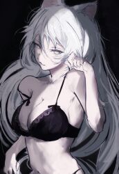  :3 animal_ears bare_shoulders black_bra black_hanekawa black_panties bra breasts cat_ears cleavage embroidered_bra female hair_between_eyes hand_in_own_hair hanekawa_tsubasa head_tilt highres long_hair looking_at_viewer moku_(muooku) monogatari_(series) navel open_clothes panties shaded_face sideways_glance underwear white_hair yellow_eyes 