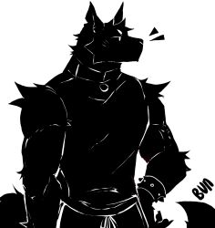  2024 anthro biceps big_muscles biped black_body black_clothing black_fur black_shirt black_tank_top black_topwear bunonthemoon canid canine canis clothing fur hi_res looking_aside male mammal muscular muscular_anthro muscular_male shirt solo tank_top topwear white_eyes wolf 