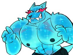  2024 abs absurd_res anthro barazoku biceps big_fangs big_muscles biped blue_body blue_fur canid canine canis fangs fur hi_res huge_muscles janjauwu looking_at_viewer male mammal mr_beast_(logo) muscular pecs shirtless_anthro shirtless_male solo teeth wolf 