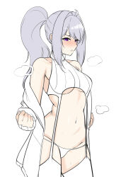  4fkdgodydydy absurdres ahoge alternate_costume aran_legwear bare_shoulders blush breasts cable_knit cardigan cropped_sweater female garter_straps grey_hair hair_between_eyes hair_intakes highres ine_(vtuber) long_hair long_sleeves looking_at_viewer medium_breasts meme_attire open_cardigan open_clothes panties ponytail purple_eyes ribbed_legwear ribbed_sweater ribbed_thighhighs side-tie_panties sidelocks simple_background sleeveless sleeveless_sweater sleeveless_turtleneck solo sweater thighhighs turtleneck turtleneck_sweater underwear virgin_destroyer_sweater virtual_youtuber waktaverse white_background white_cardigan white_garter_straps white_panties white_sweater 