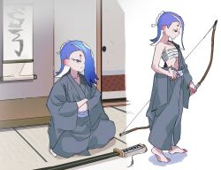  2girls aggae_1 alternate_costume barefoot blue_hair bow_(weapon) chest_sarashi commentary_request crossed_arms hairband hakama haori highres holding holding_bow_(weapon) holding_weapon japanese_clothes korean_commentary medium_hair multiple_girls navel octoling red_eyes sarashi shiver_(splatoon) single_bare_shoulder sitting splatoon_(series) splatoon_3 sword tentacle_hair weapon white_background white_hairband 