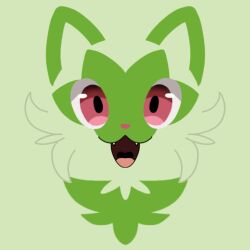  1:1 ambiguous_gender cheek_tuft digital_media_(artwork) facial_tuft felid feline fur generation_9_pokemon green_body green_ears green_fur headshot_portrait hi_res icon looking_at_viewer luzarte mammal markings multicolored_body nintendo open_mouth pink_eyes pink_nose pokemon pokemon_(species) portrait simple_background simple_coloring simple_eyes simple_face smile smiling_at_viewer solo sprigatito teeth tongue tuft 