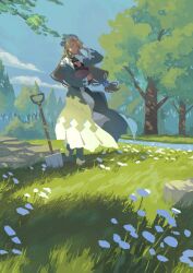  atelier_(series) atelier_marie blonde_hair blue_sky cloud coat commentary_request countdown_illustration crop_top day female field flower flower_field full_body grass green_coat joze long_hair long_sleeves low-tied_long_hair marie_(atelier) nature official_art outdoors river rock second-party_source shovel sky smile solo standing tree 