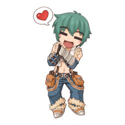  1boy =_= belt belt_pouch black_belt black_gloves blue_pants blush_stickers brown_footwear chibi chibi_only closed_eyes crop_top fingerless_gloves full_body fur-trimmed_pants fur-trimmed_shirt fur_trim gloves green_hair heart howard_alt-eisen jumping male_focus navel official_art open_clothes open_mouth open_shirt own_hands_together pants pouch ragnarok_online rubbing_hands_together shirt shoes short_hair simple_background sleeveless sleeveless_shirt smile solo spoken_heart suspenders transparent_background vambraces white_shirt whitesmith_(ragnarok_online) yuichirou 