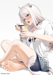  ahoge animal_ear_fluff animal_ears bare_legs barefoot black_eyes black_nails casino_(casinoep) chopsticks cup_ramen eating female highres holding holding_chopsticks hololive lion_ears lion_tail long_hair open_mouth shirt shishiro_botan shishiro_botan_(casual) short_sleeves shorts solo tail white_hair white_shirt 