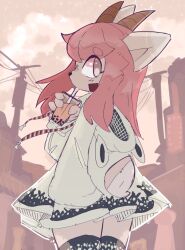  ambiguous_gender beverage bovid bubble_tea caprine clothing digital_media_(artwork) dress drinking goat hair hi_res hoodie horn iceeon looking_at_viewer looking_back looking_back_at_viewer mammal pink_hair simple_background solo topwear 