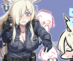  1boy :q anger_vein animal_ears blonde_hair blue_archive blue_gloves blush breasts cleavage clenched_teeth cuffs doodle_sensei_(blue_archive) female gloves gun hair_over_one_eye handcuffs handgun holding holding_gun holding_weapon jazz_jack kanna_(blue_archive) large_breasts long_hair multiple_views sensei_(blue_archive) sharp_teeth sweatdrop teeth tongue tongue_out weapon 