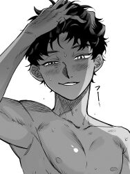  1boy blush commentary_request curly_hair dark-skinned_male dark_skin dungeon_meshi greyscale half-closed_eyes hand_in_own_hair highres kabru looking_at_viewer male_focus moku_(l1ccldyctt43918) monochrome nipples short_hair simple_background smile solo sweat topless_male uneven_eyes upper_body white_background 