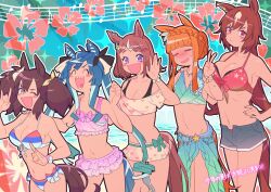  5girls =_= absurdres alternate_hairstyle animal_ears bikini blue_hair blush breasts brown_hair cleavage closed_eyes closed_mouth collarbone commentary_request flower fox_shadow_puppet hair_between_eyes hair_ornament hibiscus highres horse_ears horse_girl horse_tail inari_one_(umamusume) jewelry large_breasts looking_at_viewer medium_breasts medium_hair multiple_girls necklace ocean official_alternate_costume official_alternate_hairstyle open_mouth orange_hair ponytail purple_eyes sharp_teeth shorts silence_suzuka_(emerald_on_the_waves)_(umamusume) silence_suzuka_(umamusume) sirius_symboli_(umamusume) small_breasts sweat swimsuit tail teeth tsubaki09 tsurumaru_tsuyoshi_(umamusume) twin_turbo_(umamusume) umamusume v 