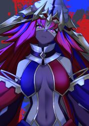  absurdres bare_shoulders beyond_the_pendulum blue_hair breasts cleavage duel_monster exceed_the_pendulum female glowing glowing_eyes grey_background hat highres mask mouth_mask navel noagen purple_eyes red_hair see-through see-through_cleavage solo upper_body white_hat yu-gi-oh! 