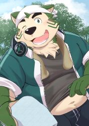  anthro belly blush canid canine canis domestic_dog electronics eyebrows fur green_body green_eyes green_fur headphones headphones_around_neck hi_res lifewonders live_a_hero male mammal mokdai navel nazebesu_hobby one_eye_closed overweight solo thick_eyebrows wink 