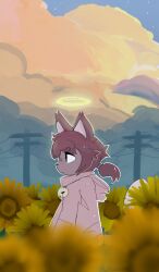  ambiguous_gender bell bell_collar clothing cloud collar digital_media_(artwork) domestic_cat felid feline felis flower hair halo hi_res hoodie iceeon mammal outside plant side_view solo sunflower tied_hair topwear 