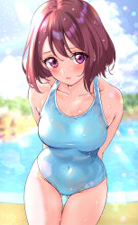  absurdres ass_visible_through_thighs blue_sky blush breasts brown_hair casual_one-piece_swimsuit collarbone covered_navel day female hair_ornament hairclip hanadera_nodoka healin&#039;_good_precure highres kakikakilemon looking_at_viewer medium_breasts ocean one-piece_swimsuit open_mouth outdoors pink_eyes precure sand sky smile solo swimsuit water 