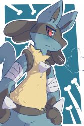  ambiguous_gender bandage bodily_fluids breath digital_media_(artwork) generation_4_pokemon hi_res iceeon looking_at_viewer lucario nintendo pokemon pokemon_(species) simple_background solo standing sweat sweatdrop 