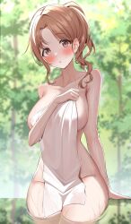  absurdres blush breasts brown_eyes brown_hair collarbone covering_breasts covering_privates female gawawawa highres holding holding_towel ichikawa_hinana idolmaster idolmaster_shiny_colors large_breasts long_hair looking_at_viewer naked_towel solo towel white_towel 