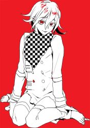  1boy arm_belt barefoot belt buttons checkered_clothes checkered_scarf commentary_request danganronpa_(series) danganronpa_v3:_killing_harmony flipped_hair full_body greyscale_with_colored_background hair_between_eyes hand_on_own_ankle long_sleeves looking_at_viewer male_focus oma_kokichi pants red_background red_eyes ringed_eyes scarf short_hair simple_background sitting smile solo spot_color straitjacket thigh_belt thigh_strap two-tone_scarf yamatoya 