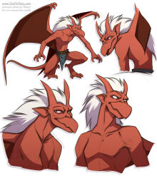  anthro belt bottomwear brooklyn_(gargoyles) clothed clothing disney featureless_chest gargoyle gargoyles hair horn humanoid_pointy_ears loincloth loincloth_only male membrane_(anatomy) membranous_wings multiple_images red_body rotarr scalie solo tail topless white_hair wings 