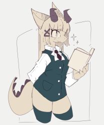  ambiguous_gender anthro book clothing digital_media_(artwork) hair hi_res horn iceeon kobold legwear necktie scales simple_background solo tail thigh_highs uniform 