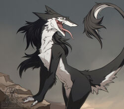  anthro black_body black_fur digital_media_(artwork) female fur multicolored_body multicolored_fur nude open_mouth raised_tail rotarr sergal sharp_teeth solo tail teeth tongue tongue_out two_tone_body two_tone_fur white_body white_fur 