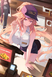  2girls absurdres alternate_costume bad_id bad_twitter_id bare_legs braid breasts cashier cleavage collarbone commentary contemporary denim droopy_ears employee_uniform fast_food_uniform fork genshin_impact hair_between_eyes hat hat_writing highres hyonee jeans kitchen large_breasts leaning_forward long_hair looking_at_viewer multiple_girls pants parted_lips pink_hair purple_eyes purple_hat raiden_shogun shirt sidelocks smile solo_focus standing tray uniform very_long_hair white_shirt yae_miko 