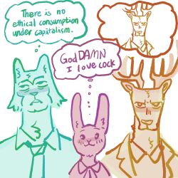  anthro antlers beastars burrrnt canid canine canis deer english_text female group haru_(beastars) hi_res horn humor lagomorph legoshi_(beastars) leporid louis_(beastars) male mammal meme rabbit text thought_bubble trio wolf 