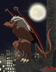  anthro bottomwear brooklyn_(gargoyles) building chemicalwolf920 city clothed clothing crouching digital_media_(artwork) disney full_moon gargoyle gargoyles hair hi_res horn humanoid_pointy_ears loincloth loincloth_only looking_up male membrane_(anatomy) membranous_wings moon night red_body scalie solo tail topless white_hair wings 