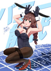  black_bow black_bowtie black_gloves black_leotard black_pantyhose bow bowtie braid breasts brown_hair cleavage commentary_request female full_body gloves green_eyes highres kaminashi_yamato kantai_collection leotard long_hair medium_breasts noshiro_(kancolle) pantyhose rabbit_pose red_footwear solo squatting strapless strapless_leotard swept_bangs text_background thighband_pantyhose twin_braids white_background 