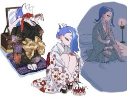  aggae_1 alternate_costume back_bow black_kimono blue_hair bow candle commentary_request eyelashes female floral_print_kimono hair_ornament hair_over_one_eye hair_stick half_updo highres japanese_clothes kimono korean_commentary long_hair looking_at_mirror looking_at_viewer mirror multiple_views octoling okobo on_bed pillow platform_footwear red_eyes sandals seiza shiver_(splatoon) short_eyebrows simple_background sitting socks splatoon_(series) splatoon_3 squatting tentacle_hair thick_eyebrows white_background white_kimono white_socks 