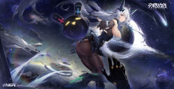  absurdres ahoge ass bare_shoulders black_gloves bodysuit breasts chinese_commentary comet commentary copyright_name crosscore female fingerless_gloves floating_hair gloves hair_ornament headgear high_heels highres large_breasts leotard liutasi logo long_hair looking_at_viewer looking_back noctilucent_(crosscore) outstretched_arm pantyhose pilot_suit planet red_eyes robot science_fiction solo space spacecraft very_long_hair white_hair 