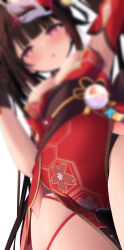  bare_shoulders blurry breasts brown_hair choker crotch_focus depth_of_field female fox_mask halterneck honkai:_star_rail honkai_(series) long_hair looking_at_viewer looking_down mask mask_on_head pink_eyes small_breasts solo sparkle_(honkai:_star_rail) tetori_(tetolisto) twintails 