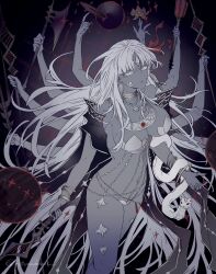  armor axe bare_shoulders belly_chain bikini_armor blue_skin bracelet breasts cleavage colored_skin cropped_legs earrings extra_arms fate/grand_order fate_(series) female flower hair_ribbon highres holding holding_axe holding_polearm holding_weapon jewelry kali_(fate) large_breasts long_hair looking_at_viewer neck_ring necklace polearm revealing_clothes ribbon ring ruki_atamaokasii snake solo third_eye very_long_hair weapon white_eyes white_hair white_snake 