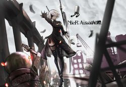  2b_(nier:automata) absurdres artist_name black_blindfold black_dress blindfold blurry blurry_foreground boots breasts cleavage_cutout clothing_cutout commentary copyright_name covered_eyes dress feather-trimmed_sleeves feathers female high_heel_boots high_heels highres holding holding_sword holding_weapon juliet_sleeves leather leather_boots long_sleeves medium_breasts mole mole_under_mouth nier:automata nier_(series) pod_(nier:automata) puffy_sleeves robot short_hair sword thigh_boots thighhighs thighhighs_under_boots vambraces virtuous_treaty weapon white_hair yadoshin 