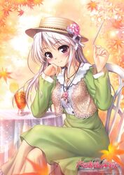  bekkankou blazer blush chair crossed_legs daitoshokan_no_hitsujikai dress drinking_straw female green_dress grey_hair hat highres iced_tea jacket jewelry leaf long_hair long_sleeves maple_leaf mochizuki_maho_(daitoshokan_no_hitsujikai) necklace purple_eyes sitting smile table 