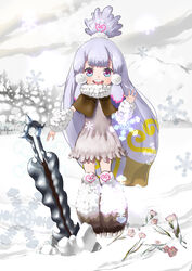  arm_warmers bad_id bad_pixiv_id broken_tooth capelet commentary_request dress female flower itezora_konayuki katanagatari leg_warmers long_hair missing_tooth multicolored_eyes open_mouth photoshop_(medium) pink_eyes smile snow snowflakes solo sword topknot u3_(ibara) waving weapon white_hair 